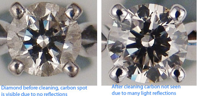 On left is set diamond with accumulated dirt, right after cleaning