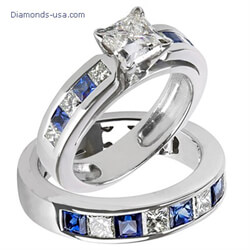 Picture of Bridal rings set, Princess diamonds & Sapphires
