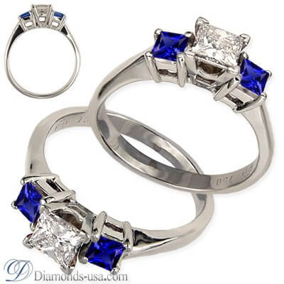 Engagement ring with side Blue Princess Sapphires