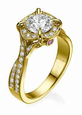 Intricate wavy round halo engagement  ring in yellow gold