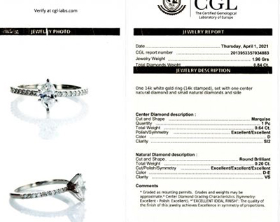 Ready to ship, 0.64 carat Marquise diamond D SI2 +0.20 Carat sides engagement ring, in 14k White Gold