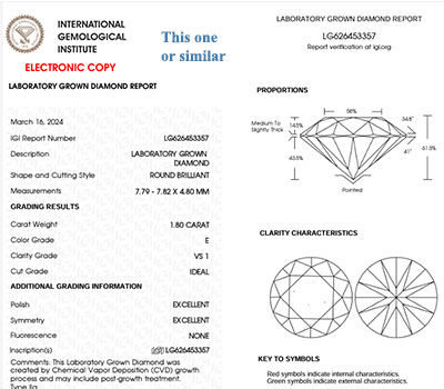 Diamante de laboratorio redondo E VS1 de 1,80 quilates.