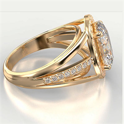 Foto Anillo de compromiso de diamantes flotantes con halo de diamantes grandes en oro amarillo de