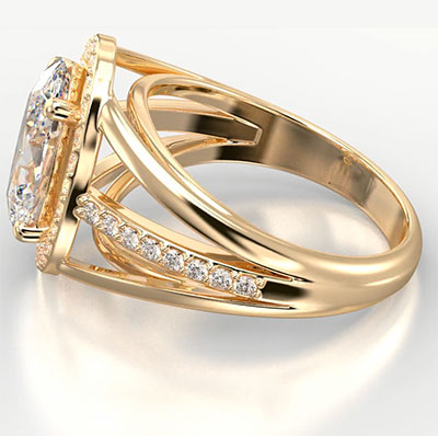 Anillo de compromiso de diamantes flotantes con halo de diamantes grandes en oro amarillo