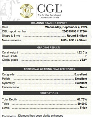 2.57 carat Round  diamonds F VS2 & G VS2 stud earrings.