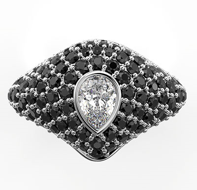 Diamond signet ring, black natural diamonds & 1/3 ct Pear lab diamond E VS1 Ideal-Cut