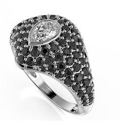 Foto Anillo de sello de diamantes, diamantes naturales negros y diamante de laboratorio de pera de 1/3 ct E VS1 de talla ideal de