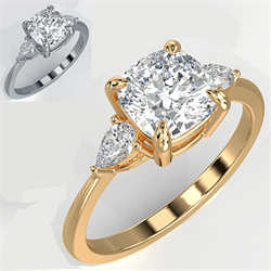 Picture of Three stone engagement ring with Cushion center & 0.20CTW side Pear diamonds