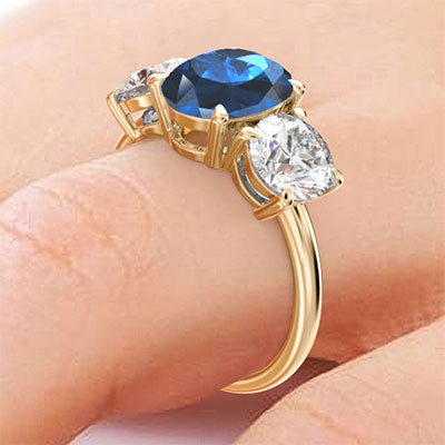 3.85 carat Blue Sapphire and two 1  carat lab diamonds D VVS2