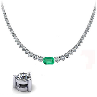 10 carat Graduated Tennis Necklace, I VS,and natural Emerald 1.58 carat